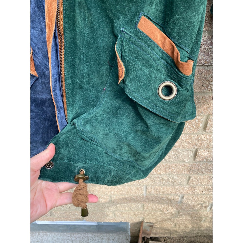 Vintage 1990s Suede Leather Colorblock Jacket Large Retro Parka Coat Granola 90s - Picture 3 of 6